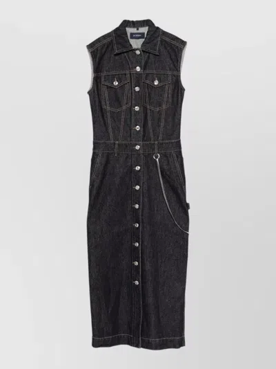 Sportmax Spdfarfalla Denim Midi Dress Pockets Belt In Blue