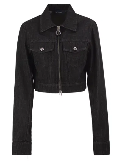 Sportmax Spdpepe Cropped Cotton Denim Zip Jacket In Brown