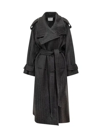 Sportmax Long Striped Coat With Belt In Black