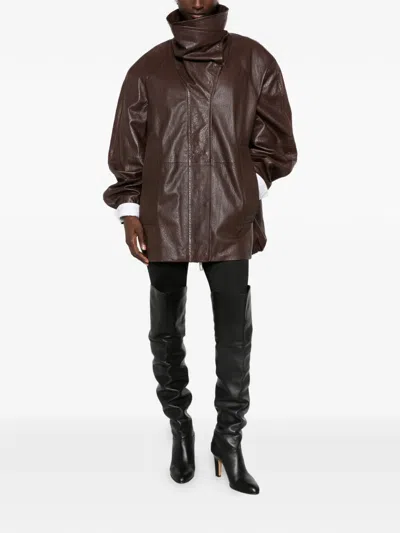 Sportmax Salaggio Funnel-neck Paneled Hammered And Glossed Leather Jacket In Brown