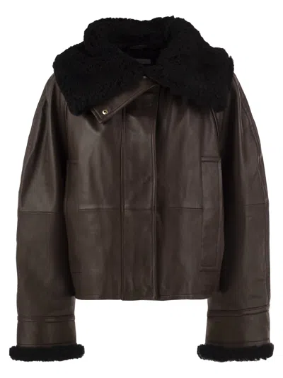 Sportmax Shearling-trim Leather Jacket In Brown