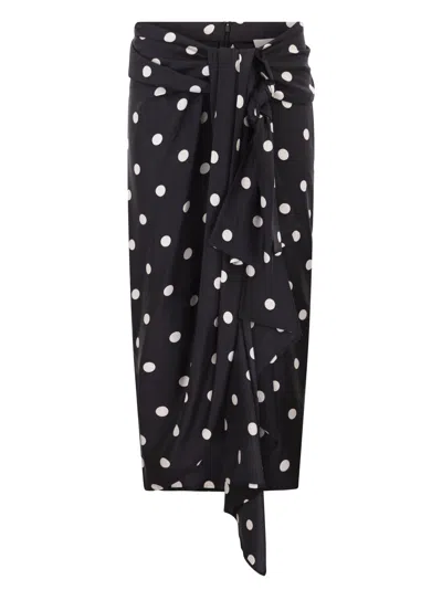 Sportmax Draped High Waist Midi Skirt Polka Dots In Black
