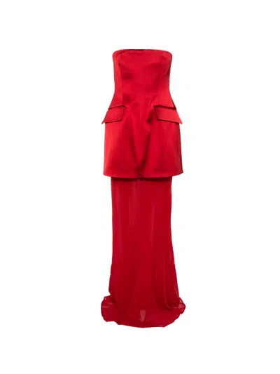 Sportmax Cilen Strapless Layered Satin And Silk-chiffon Gown In Red