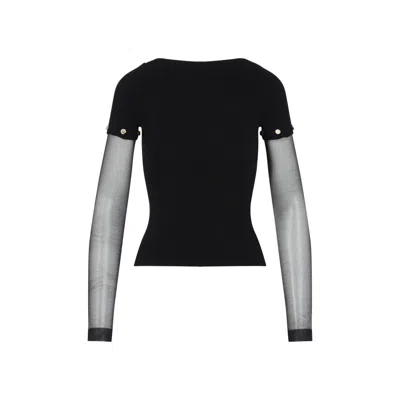 Sportmax Ribbed Texture Sheer Sleeves Gold Button Detail In Black