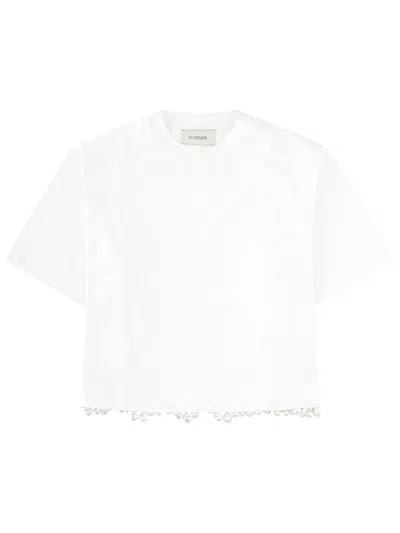 Sportmax Palmas Cropped Embroidered Pearl Cotton T-shirt In White