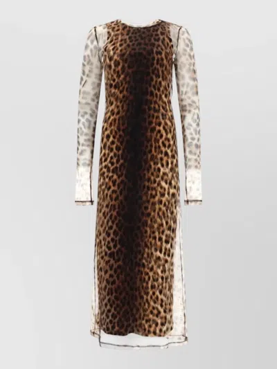Sportmax Fitted Midi Dress With Tulle Overlay And Leopard Base In Yellow