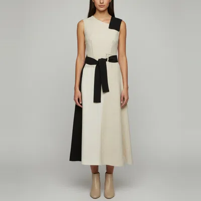 Pre-owned Sportmax Two-tone Linen And Velvet Asymmetric Midi Dress Xs In Beige