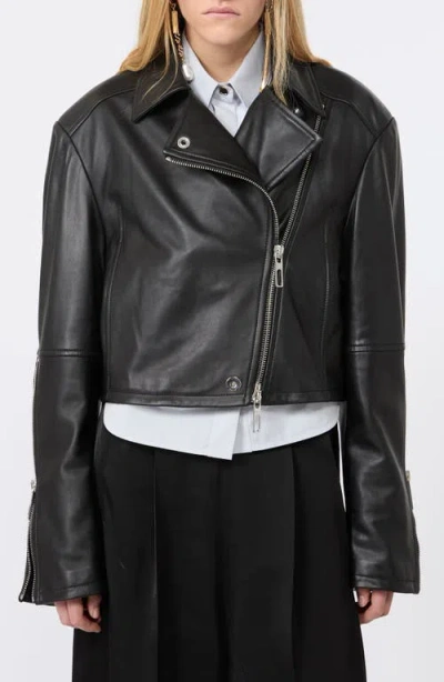 Sportmax Vicario Fringe Lambskin Leather Crop Jacket In Black