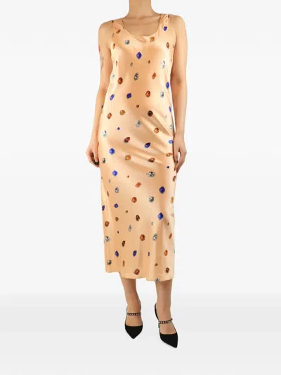 Pre-owned Sportmax Vintage Peach Jewel-print Slip Dress In Orange