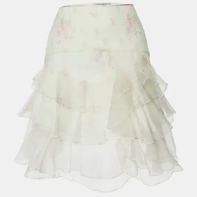 Pre-owned Sportmax White Floral Print Organza Tiered Skirt L