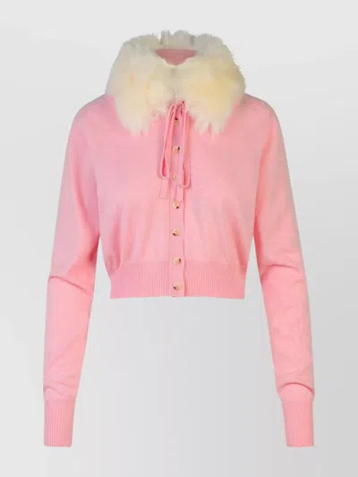 Sportmax Wool Cardigan With Fur Collar And Tie Detail In Pink