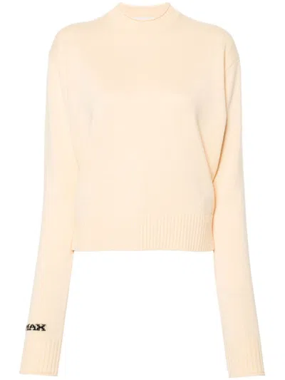 Sportmax Wool Crewneck Sweater With Embroidered Sleeve Detail In Yellow