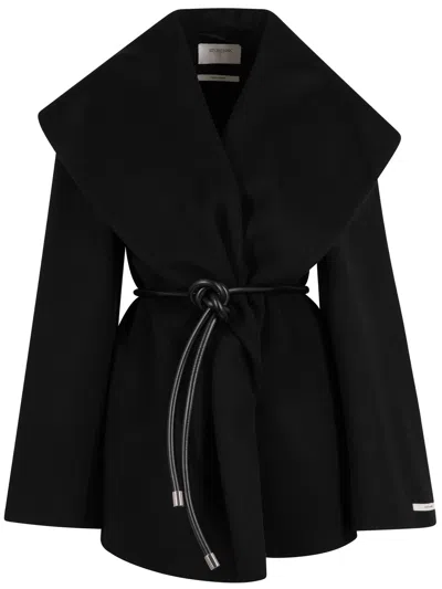 Sportmax Wrap Coat In Wool With Leather Belt In Black