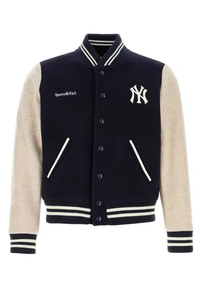 Sporty &amp; Rich Dark Blue Wool Blend Bomber Jacket