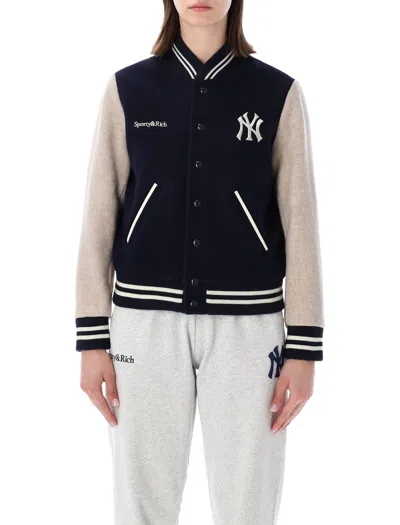 Sporty &amp; Rich Sporty & Rich Yankees Curve Wool Varsity Jacket In Blue