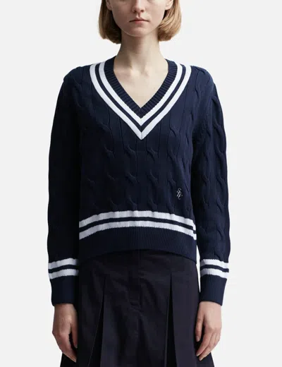 Sporty &amp; Rich Src Cableknit V Neck Sweater In Blue