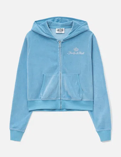 Sporty &amp; Rich X Juicy Couture Script Velour Zip Hoodie In Blue