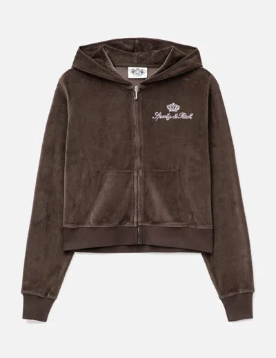 Sporty &amp; Rich X Juicy Couture Script Velour Zip Hoodie In Brown