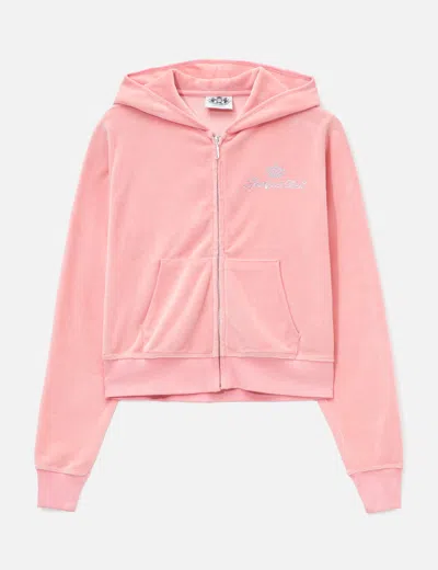 Sporty &amp; Rich X Juicy Couture Script Velour Zip Hoodie In Pink