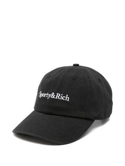 Sporty And Rich 로고 자수 베이스볼 캡 모자 In Black