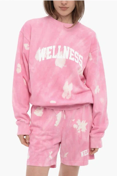 Sporty And Rich Acid-wash Effect Crew-neck Sweatshirt With Front Print In Pink