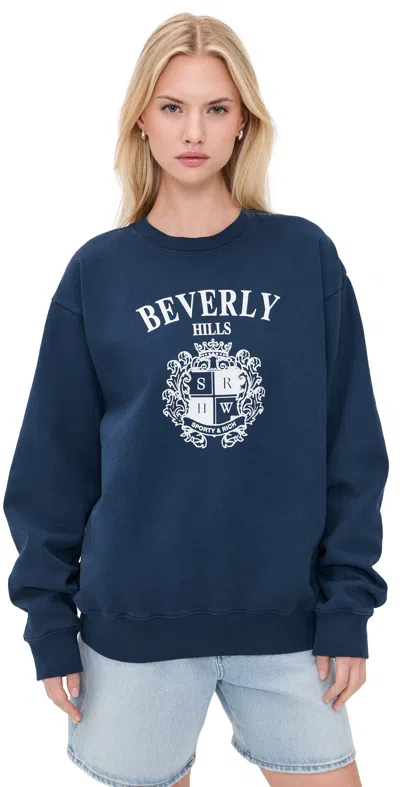 Sporty And Rich Womens Bh Crest Soft Round-neck Cotton-blend Sweatshirt Dark Navy In Blue