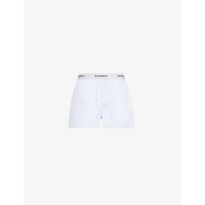 Sporty And Rich Serif Logo Boxer Shorts In White Light Blue Stripe