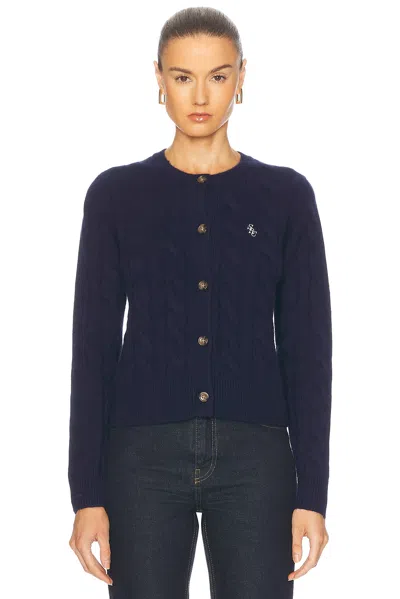 Sporty And Rich Cable Knit Cashmere Cardigan In Navy & White