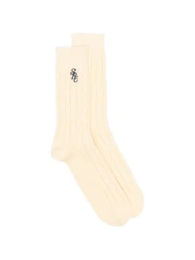 Sporty And Rich Cable-knit Logo-embroidered Socks In Yellow