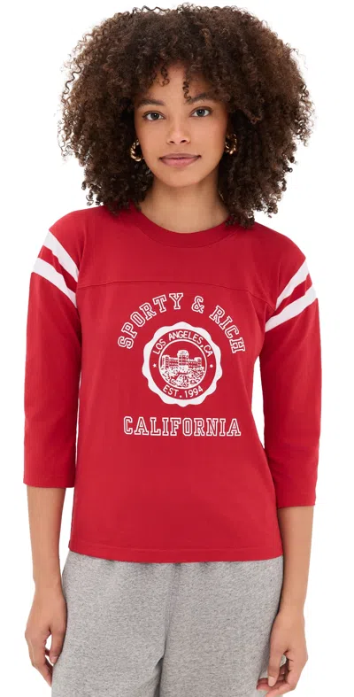 Sporty And Rich California Emblem Long Football Tee Ruby/white In Red