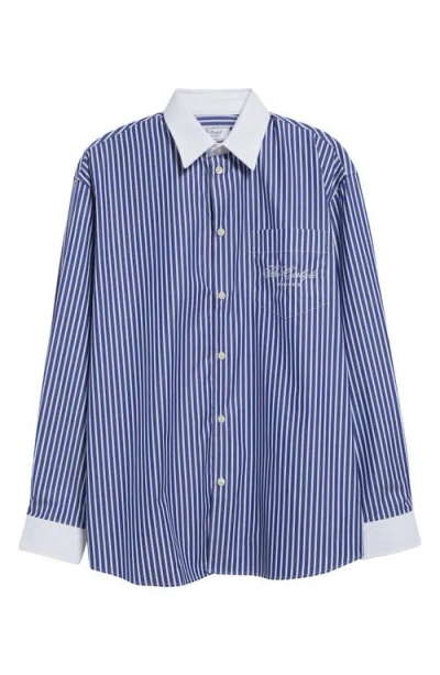 Sporty And Rich Sporty & Rich Carlyle Script Oversize Button-up Shirt In Navy/white