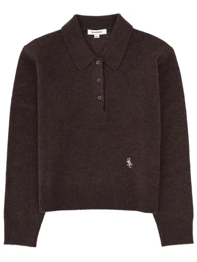 Sporty And Rich Cashmere Polo Knit Shirt Ribbed Cuffs In Brown