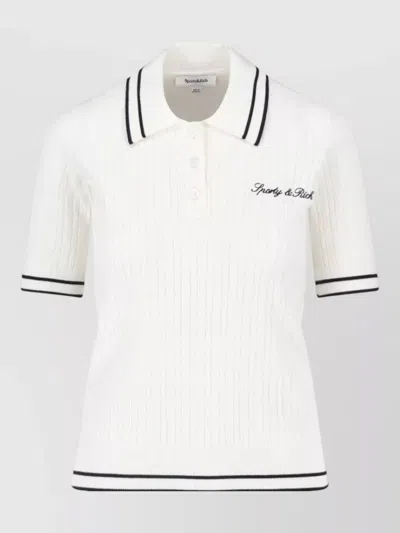 Sporty And Rich Collared Knit Top Ribbed Short Sleeves In White