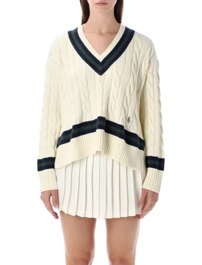 Sporty And Rich Sporty & Rich Cotton Cableknit V-neck Sweater In White
