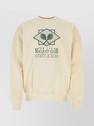 Sporty And Rich Cotton Crew-neck Sweatshirt With Unique Front Print In Beige
