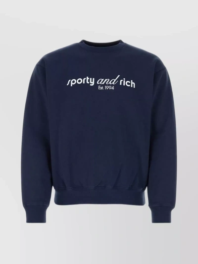 Sporty And Rich Cotton Crewneck Sweatshirt With Ribbed Cuffs And Hem In Blue