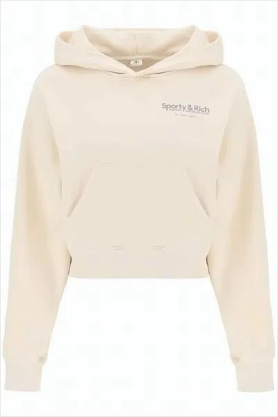 Sporty And Rich Cropped Light Beige Hoodie With Subtle Logo Print In Neutral
