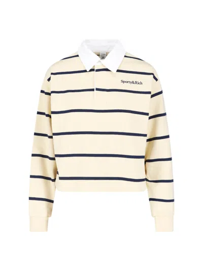 Sporty And Rich Cropped Sweater With Navy Stripes And Classic Collar In Neutral