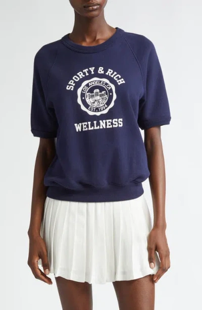 Sporty And Rich Sporty & Rich Emblem Short Sleeve Graphic Sweatshirt In Navy