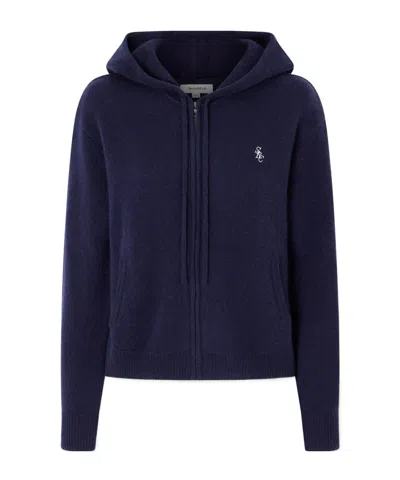 Sporty And Rich Embroidered Cashmere And Wool Blend Cardigan In Navy Blue