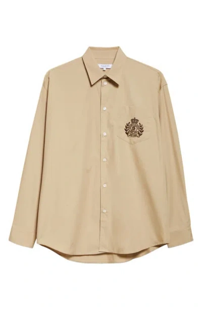 Sporty And Rich Sporty & Rich Embroidered Crest Oversize Cotton Poplin Button-up Shirt In Light Tan