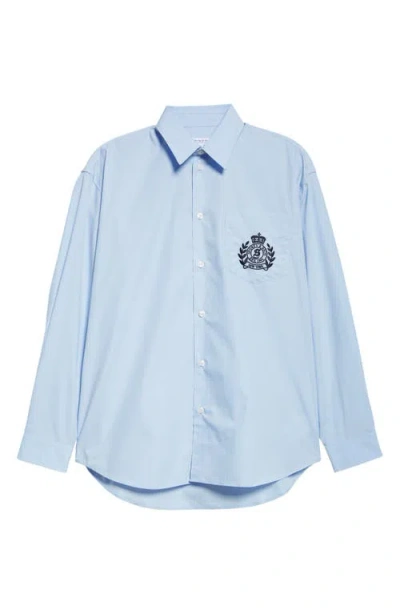 Sporty And Rich Sporty & Rich Embroidered Crest Oversize Cotton Poplin Button-up Shirt In Washed Blue