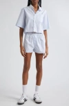 Sporty And Rich Embroidered Crop Shirt In White/ Light Blue Stripe