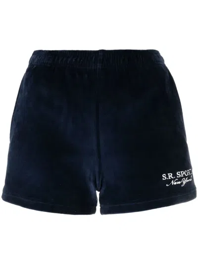 Sporty And Rich Embroidered-logo Velour Shorts In Blau