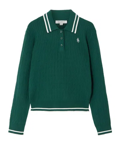 Sporty And Rich Embroidered Striped Cable-knit Polo Shirt In Forest Green