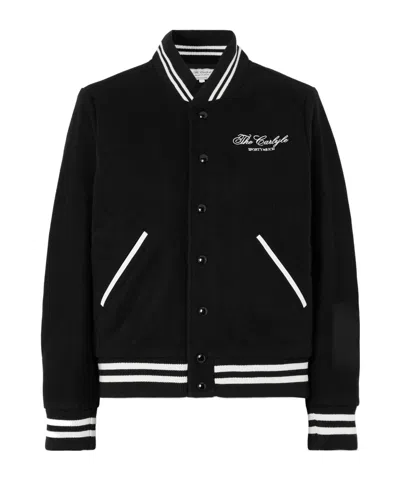 Sporty And Rich Embroidered Striped Wool Blend Baseball Jacket In Black