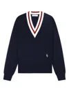 Sporty And Rich Embroidered Striped Merino Wool Sweater In Blue