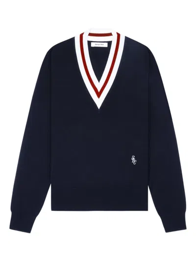 Sporty And Rich Embroidered Striped Merino Wool Sweater In Blue