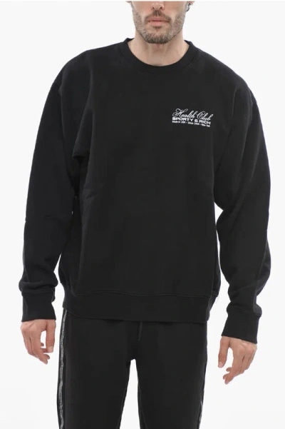 Sporty And Rich Fleeced-cotton Crew-neck Sweatshirt With Contrast Print In Black