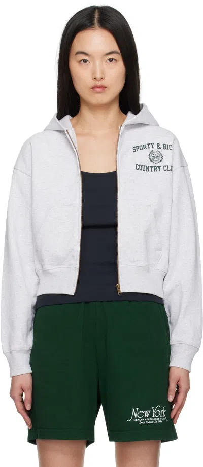SPORTY AND RICH GRAY VARSITY CREST CROPPED ZIP HOODIE